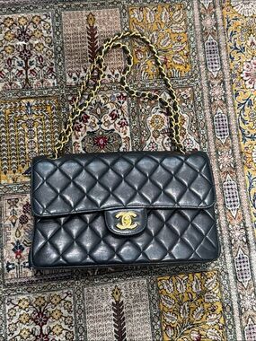 Authentic Vintage CHANEL Black 2 Sided Quilted Shoulder Bag with Gold Chain